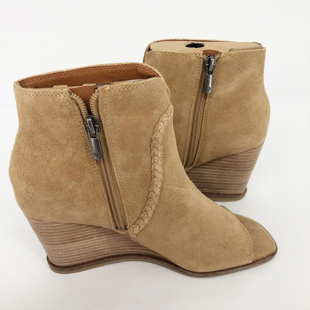 LUCKY BRAND Women's Suede Lureli Wedge Booties Size 6 Tan Peep Toe NWOB