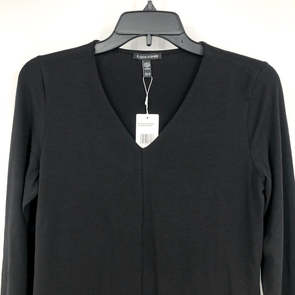 EILEEN FISHER Women's Fine Jersey Long Sleeve V-Neck Top XS Black Slim Fit NWT