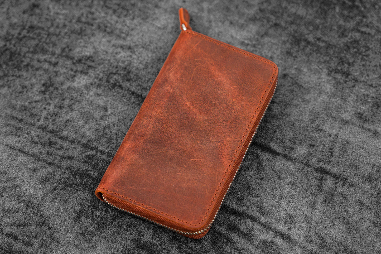 Leather Zippered 3 Slots Pen Case - Crazy Horse Orange
