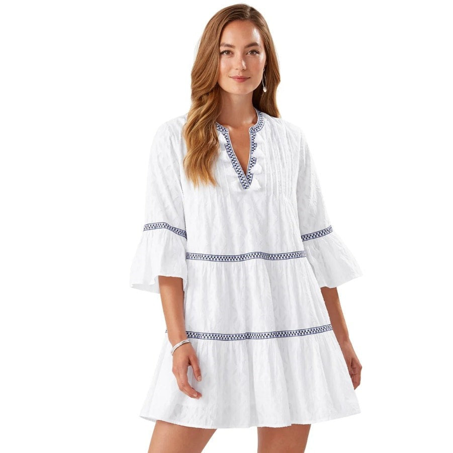 TOMMY BAHAMA Cotton Clip Embroidered Tier Coverup Dress XL White Jacquard NWT