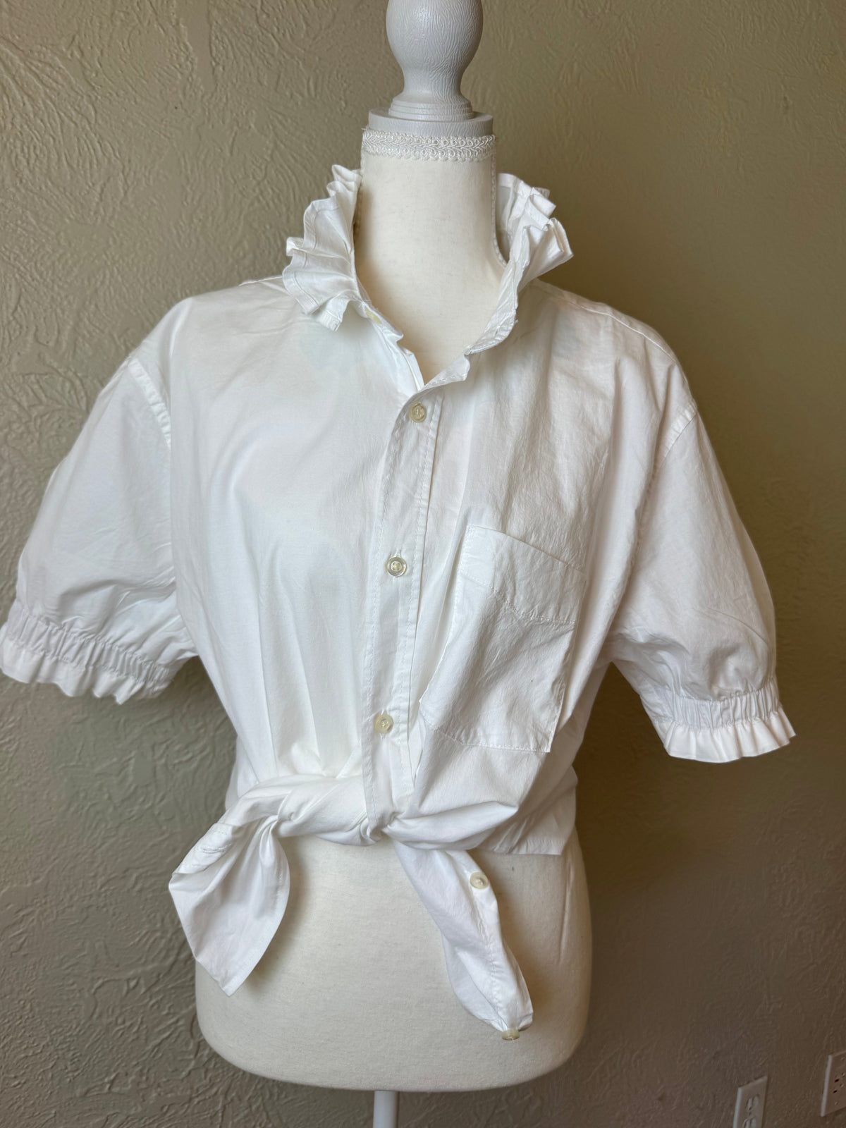 Bailey - White - Brand New Gap Upcycled Men's shirt with Ruffle Collar Short Sleeve