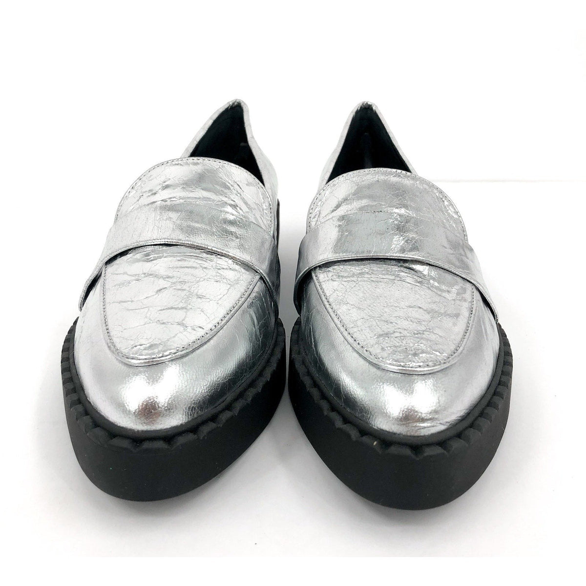 VINCE CAMUTO Womens Echika Loafer Size 8 M Silver Leather Chunky Block Heel NWOB