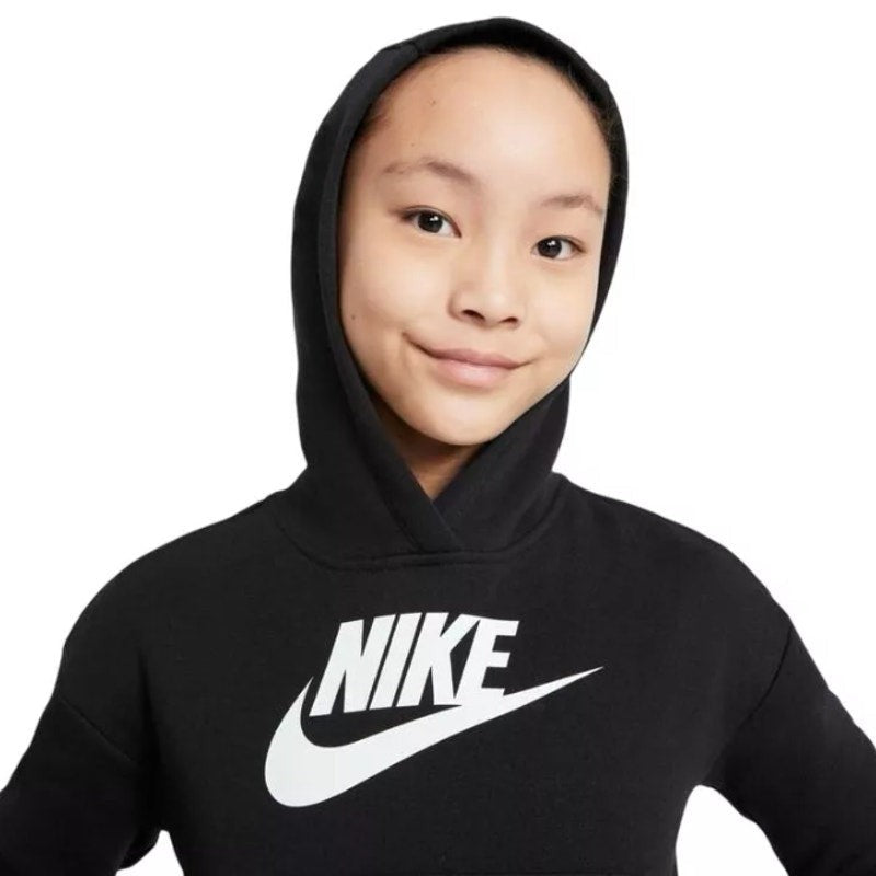 NIKE Girls Club Fleece Pullover Hoodie Club XS Black White Sweatshirt NWT