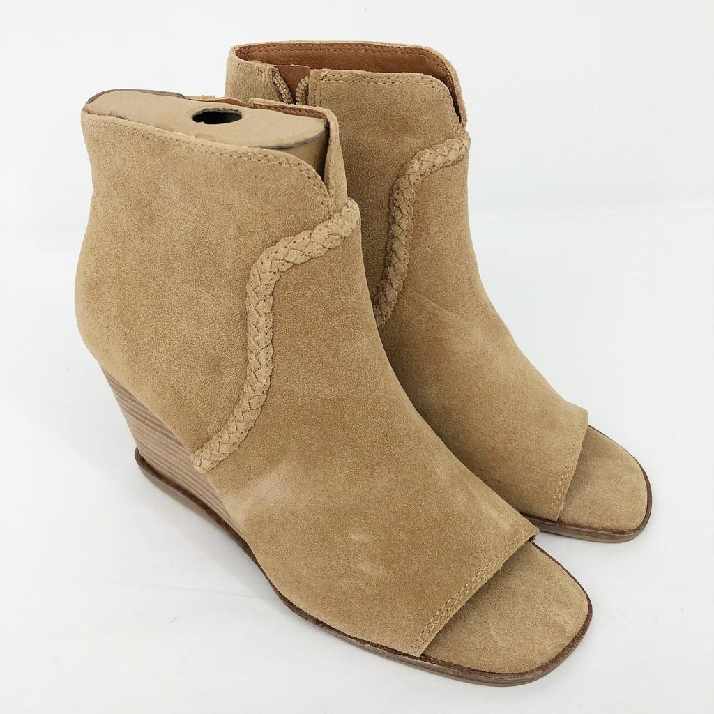 LUCKY BRAND Women's Suede Lureli Wedge Booties Size 6 Tan Peep Toe NWOB