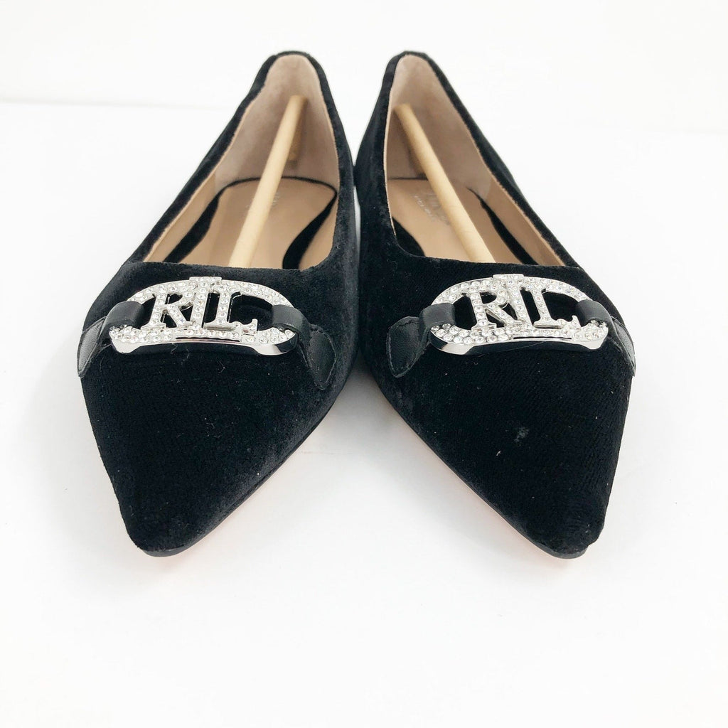 LAUREN RALPH LAUREN Lilah Velvet Ballet Flat Size 6 Black Pointed Toe Logo NWOB