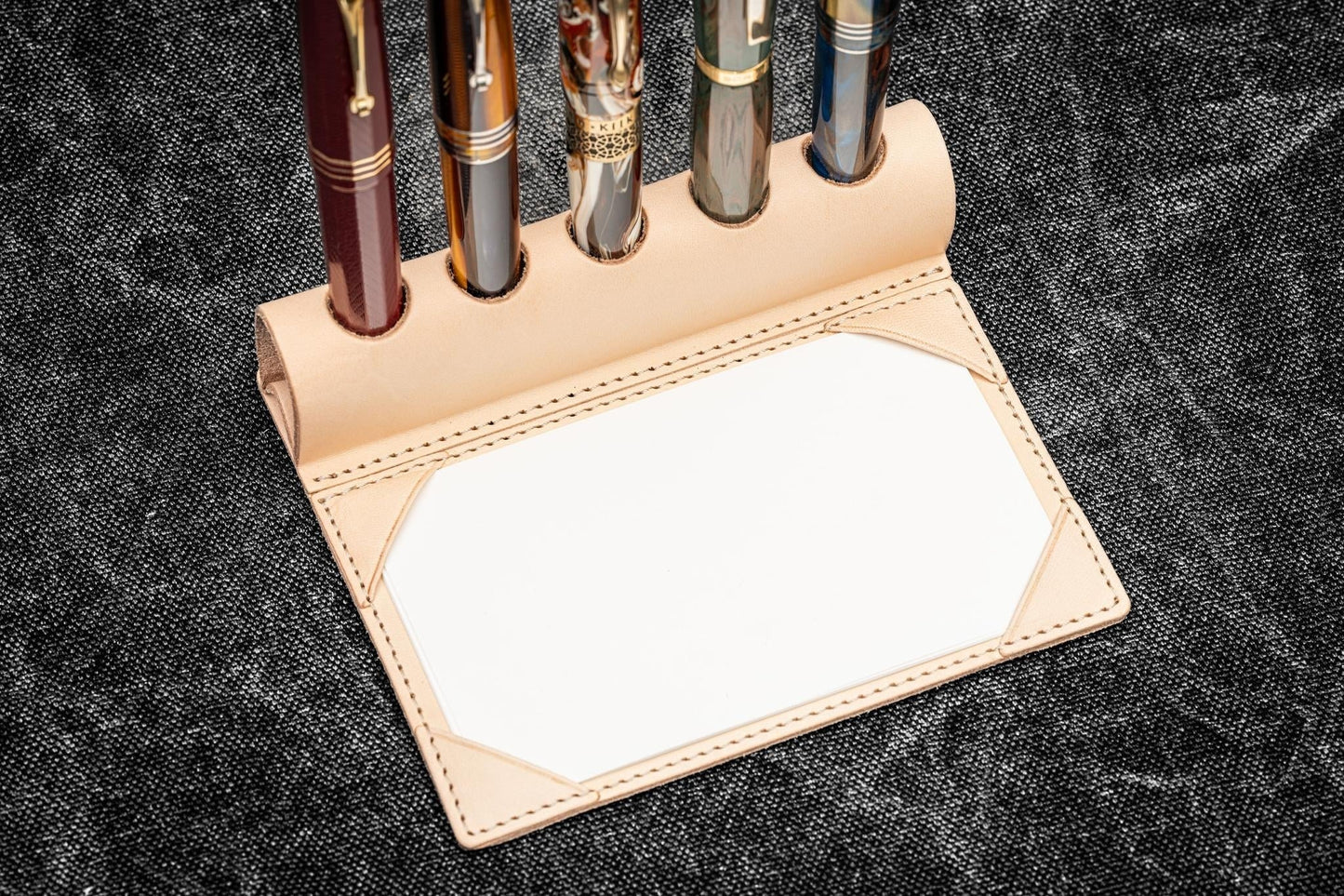 The Writer’s Pen Dock - 5 Slots Pen Stand with Notepad Holder - Undyed Leather