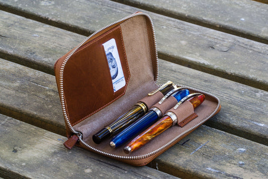 Leather Zippered 3 Slots Pen Case - Brown