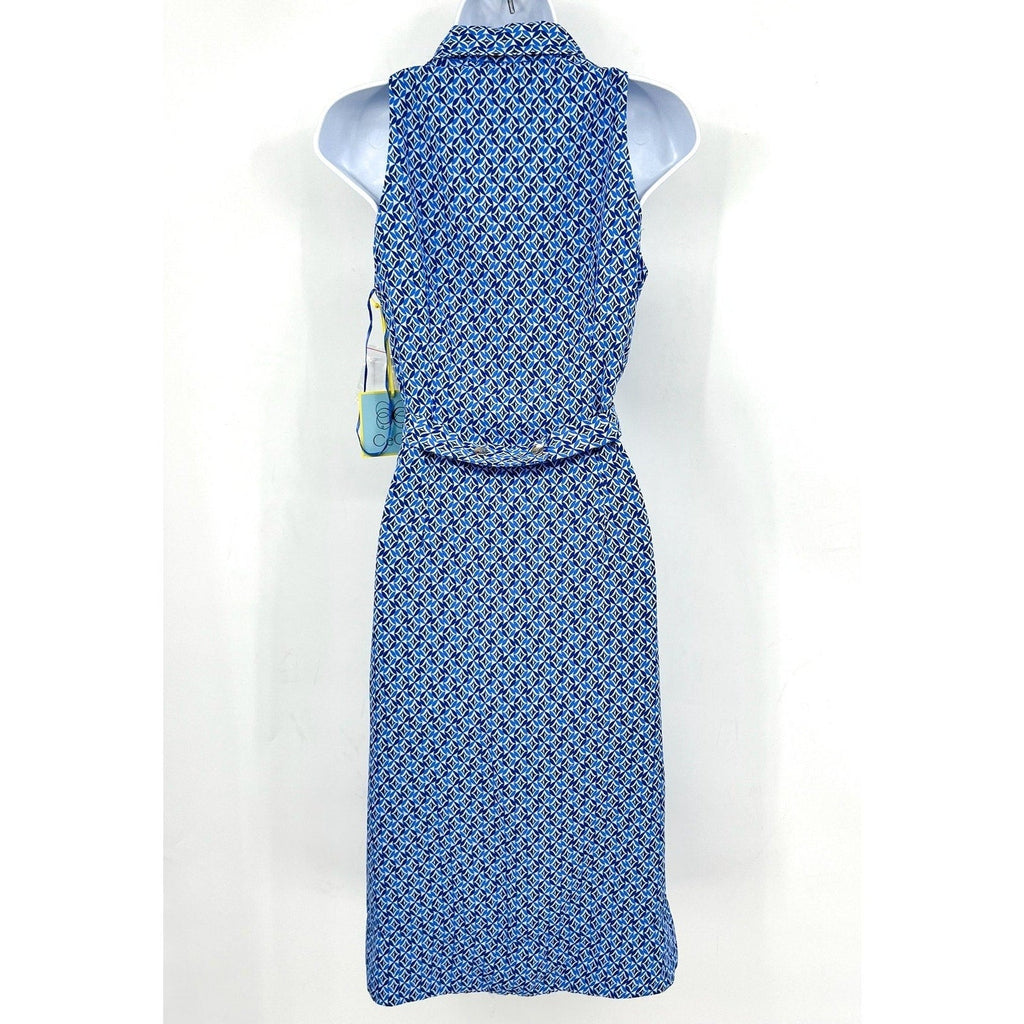 CECE Midi Shirt Dress Size 6 Blue Print Sleeveless V-Neck Belted Waist NWT