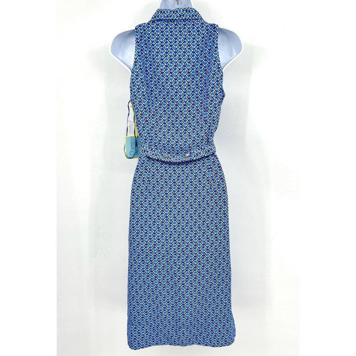 CECE Midi Shirt Dress Size 6 Blue Print Sleeveless V-Neck Belted Waist NWT