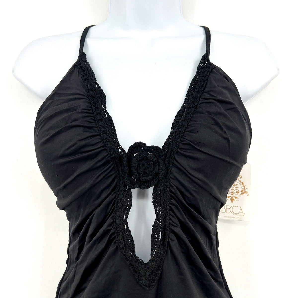 BECCA Colette Clare Plunge One Piece Swimsuit Large Black Crochet Flower NWT
