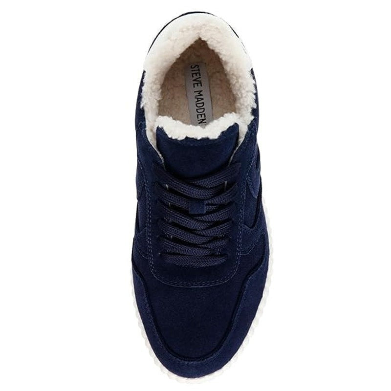 Steve Madden Womens Shereen-Fur Lined Sneakers Size 7.5 Navy Blue Suede NIB
