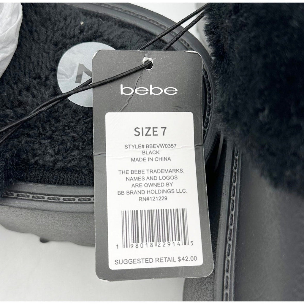 BEBE Women's Platform Slides Size 7 Black Faux Fur Collar Rhinestone Logo NWOB