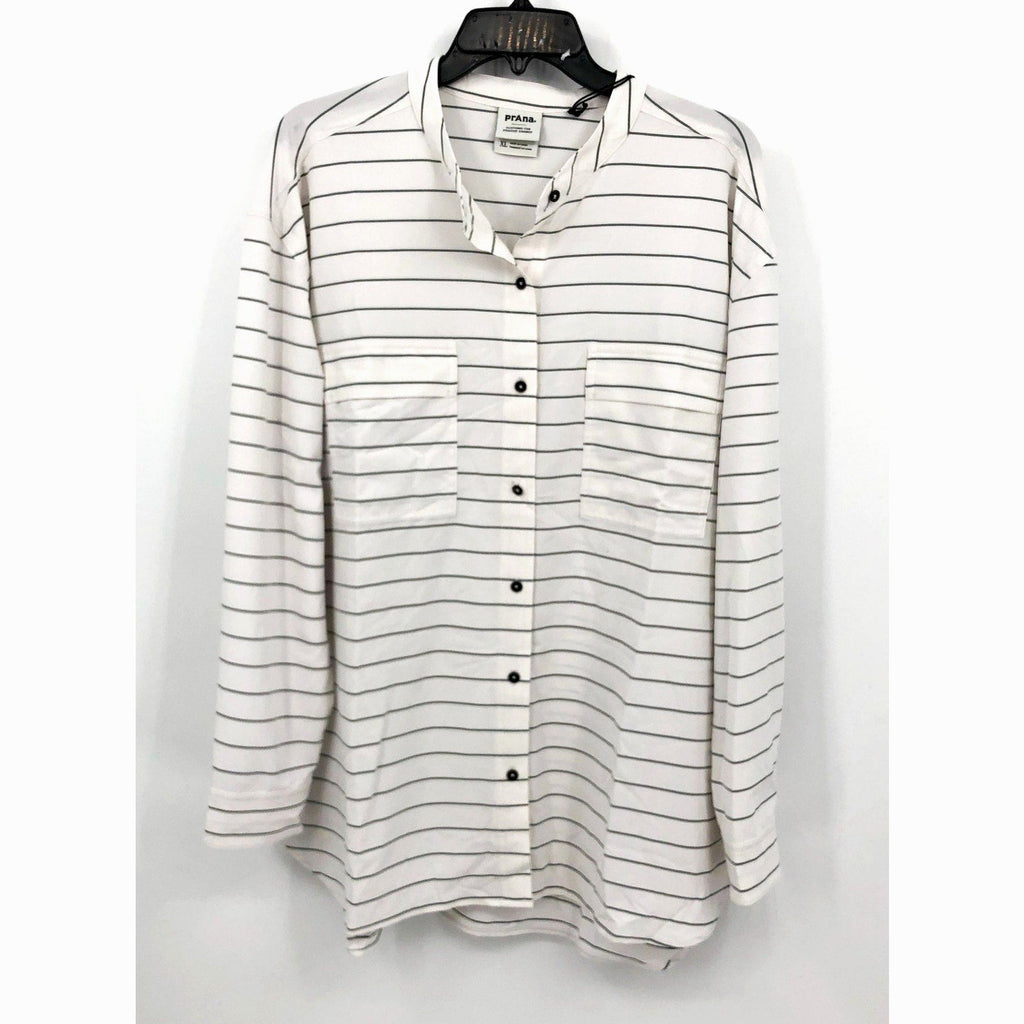 PRANA Womens Railay Tunic Top XL White Stripe Long Sleeve Button Up UPF 50+ NWT