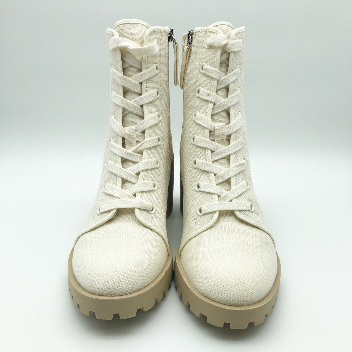 Dolce Vita Womens Combat Boots Size 6 Stacked Heel Off White Canvas NWOB