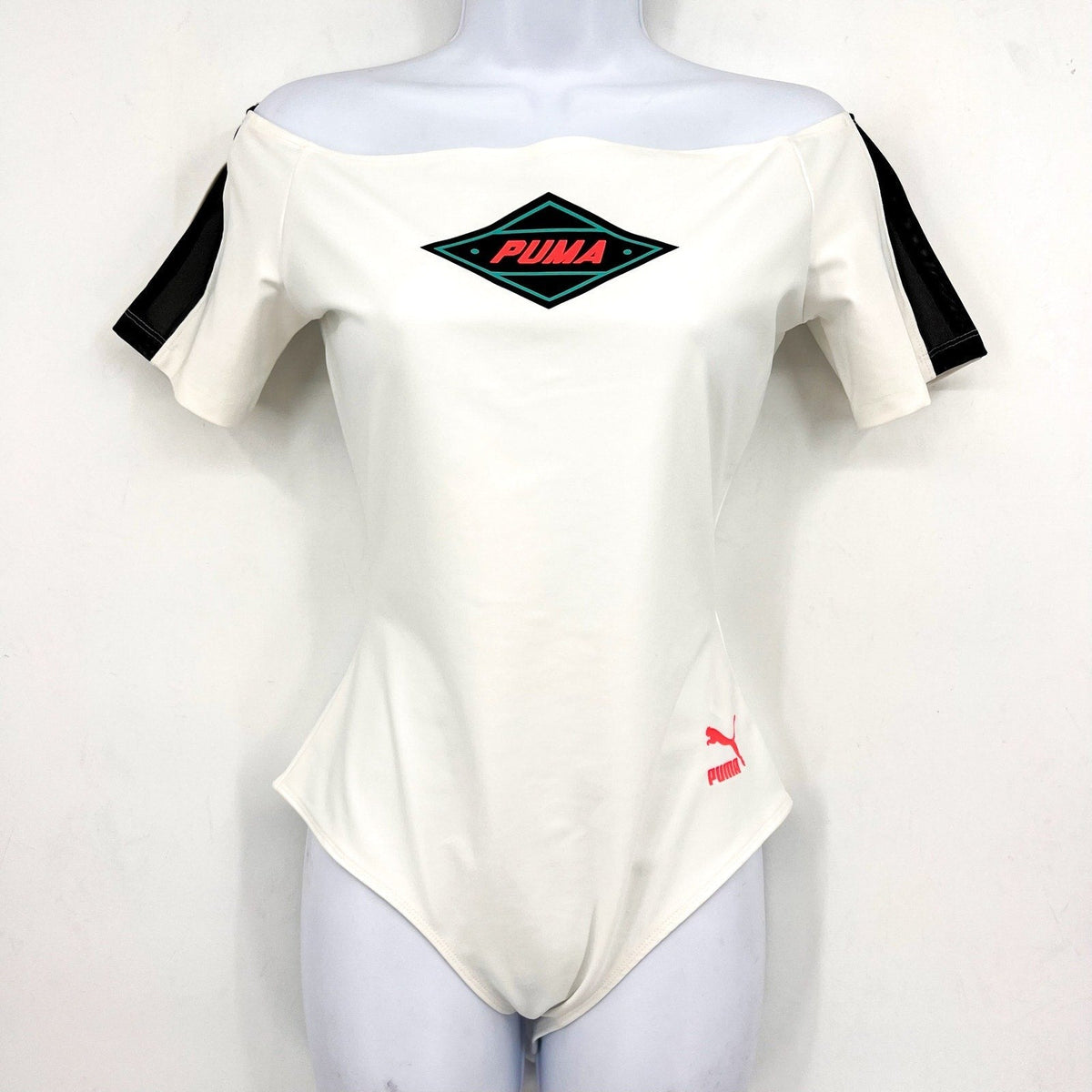 PUMA Women's XTG Bodysuit Shirt Medium White Multicolor Off Shoulder NWT