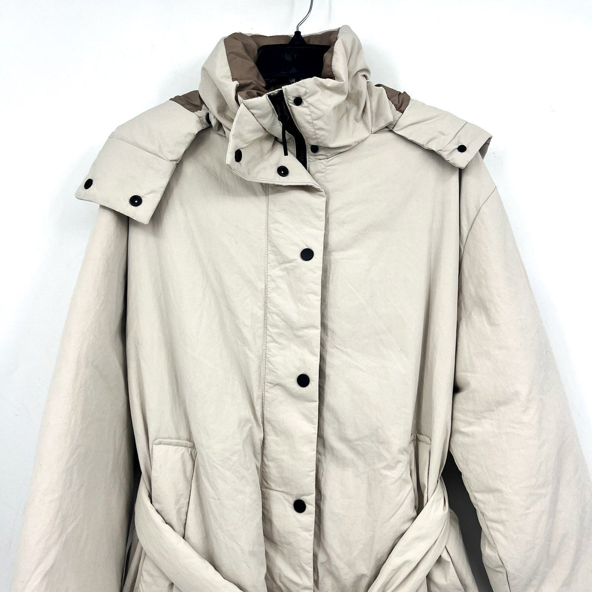 Everlane Womens The Duvet Down Puffer Coat Medium Cream Down Long Belted NWT
