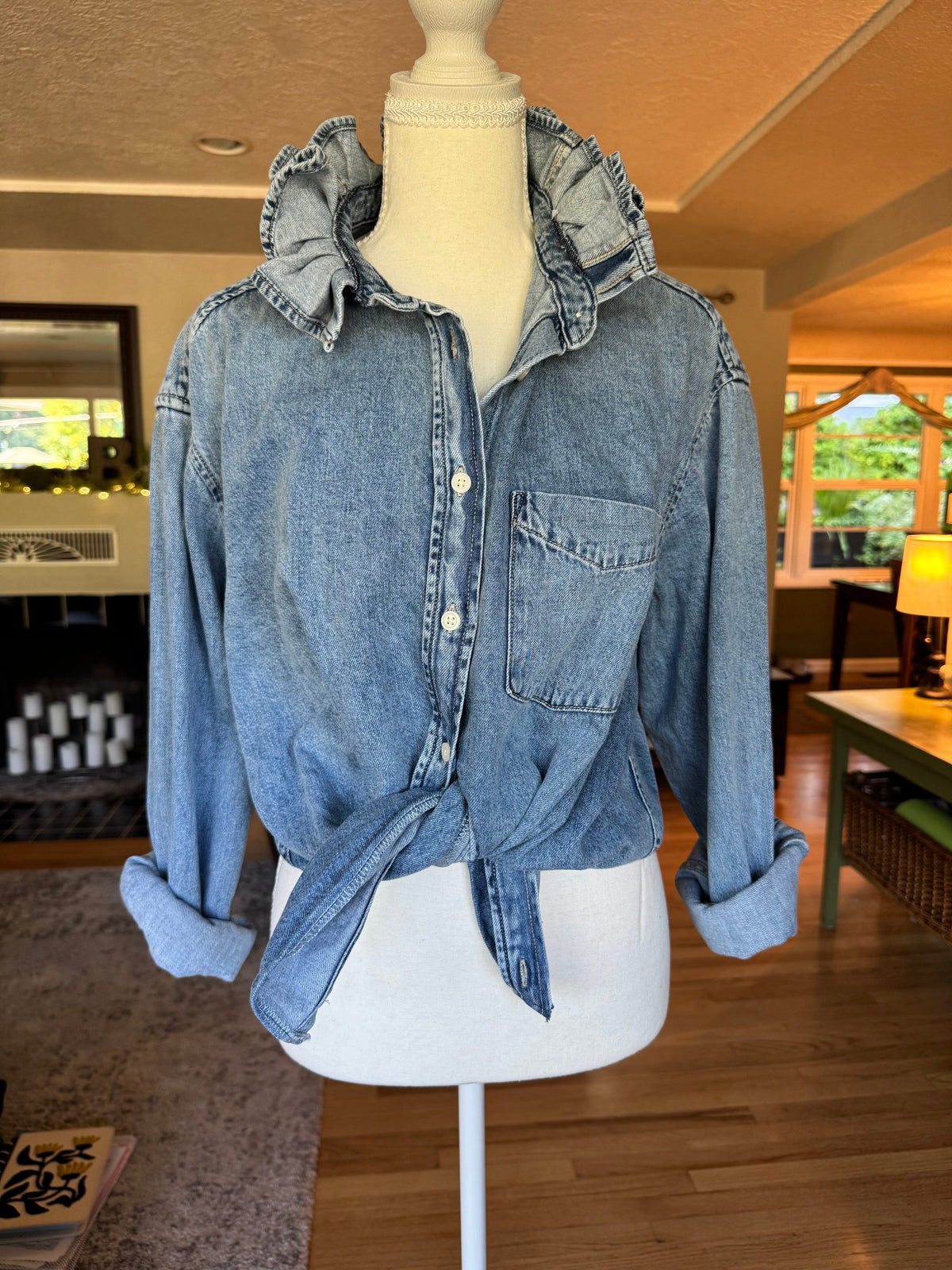 Basics - Brand New Gap Medium Wash Denim Ruffle Collar Long Sleeve - Multiple Sizes