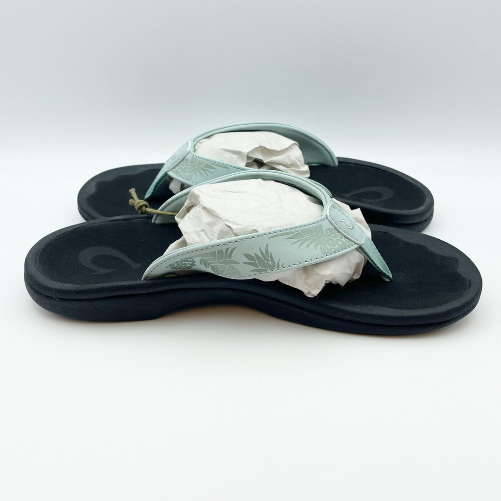 OluKai Womens Ohana Flip Flop Sandals Size 7 Blue Swell Hua Pineapple Print NIB