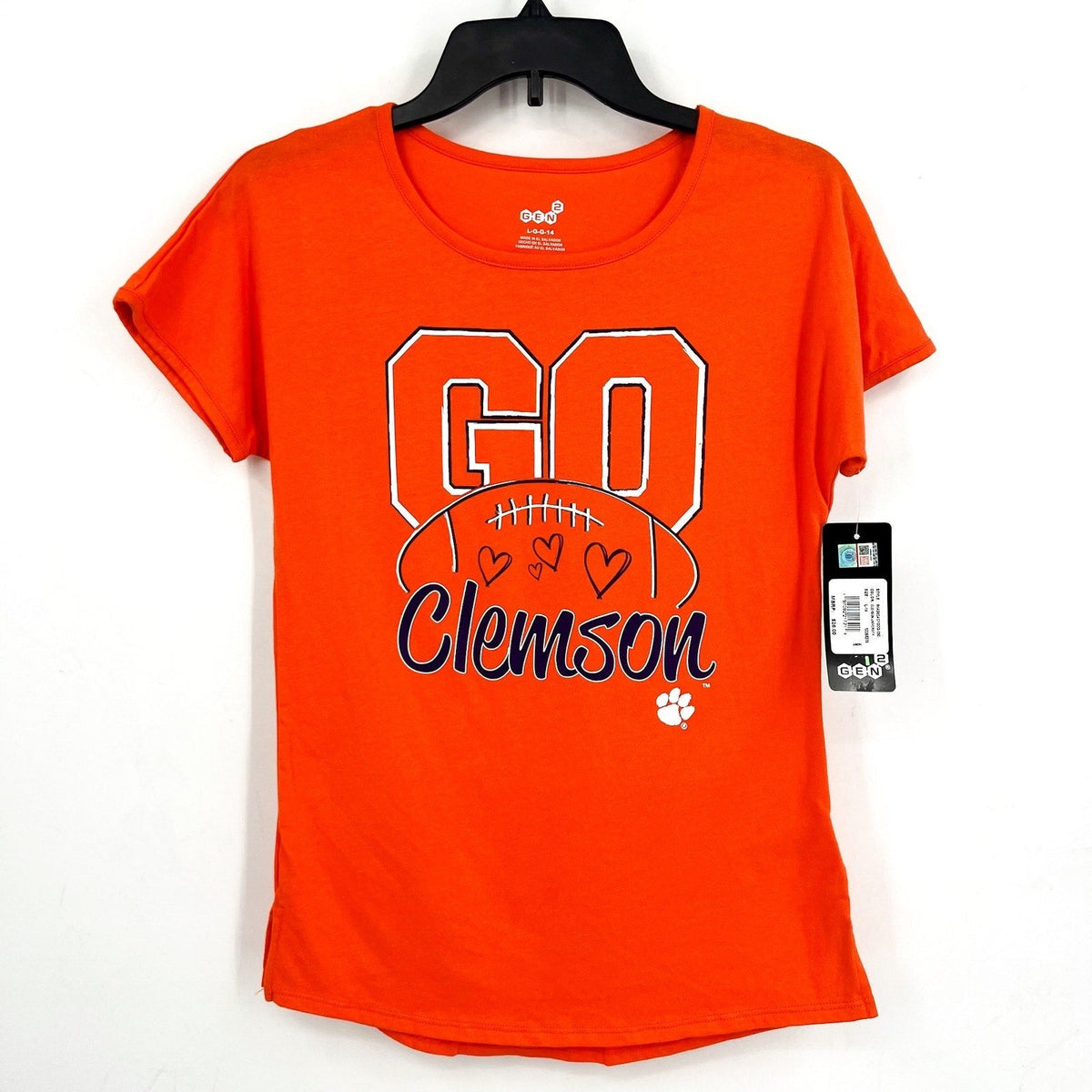 GEN 2 Girls Clemson University Go Heart Tee Large Orange Short Sleeve NWT
