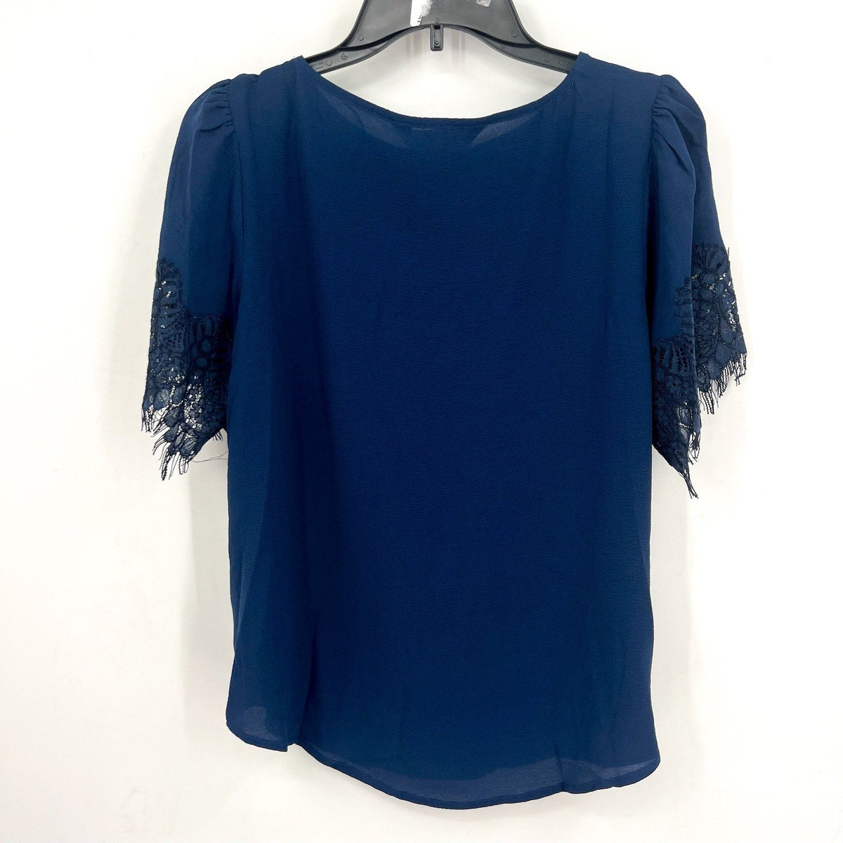 MONTGOMERY POST STITCH FIX Blouse Small Navy Blue Lace Trim Sleeves NWT