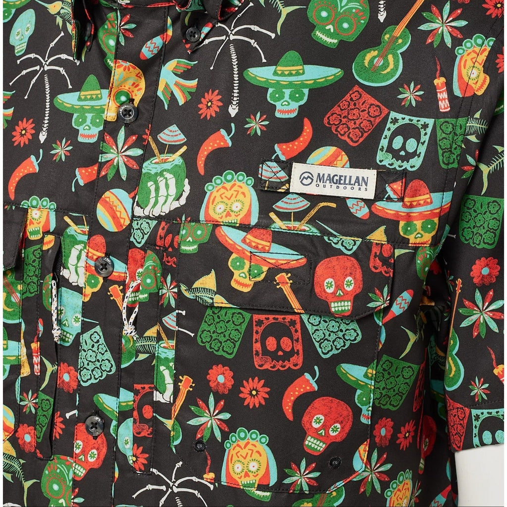 Magellan Mens Dia De Los Muertos Fishing Shirt Large Black Short Sleeve NWOT