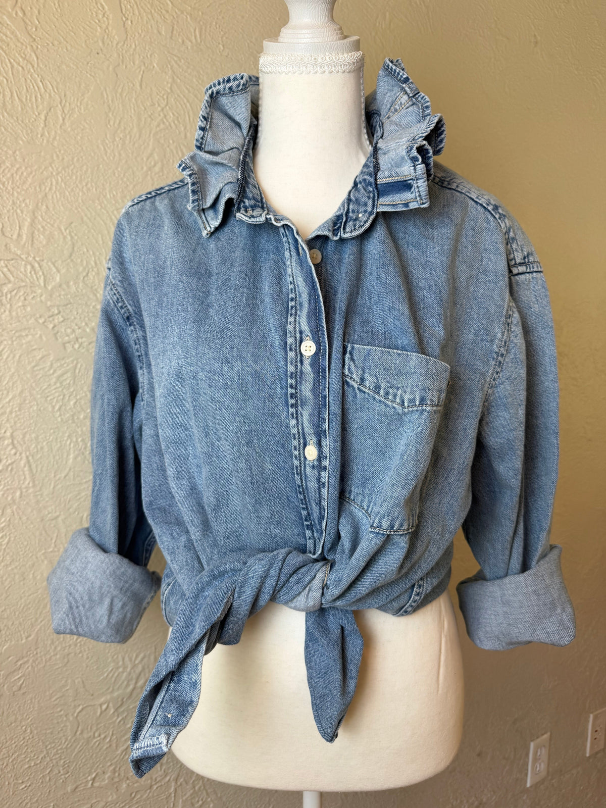Medium Wash Denim - Brand New Gap Upcycled Women's shirt with Ruffle Collar