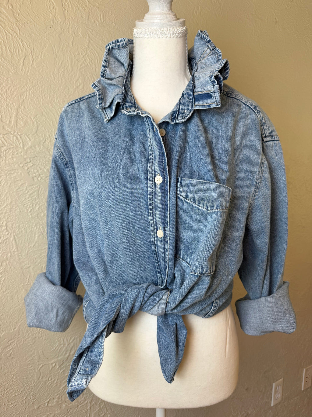 Medium Wash Denim - Brand New Gap Upcycled Women's shirt with Ruffle Collar