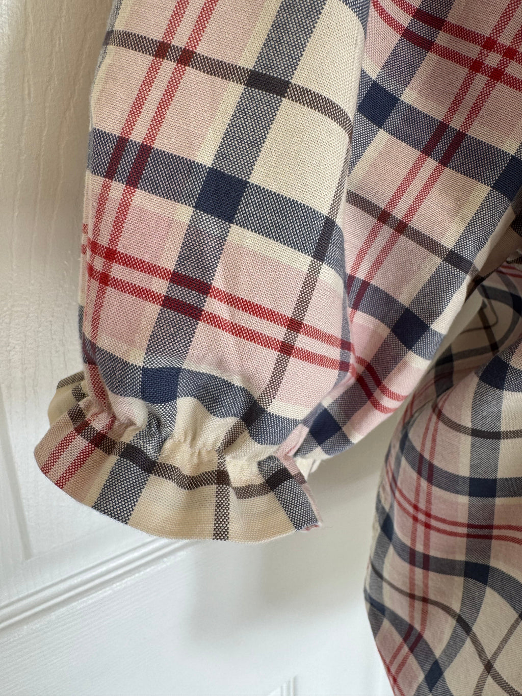 Mariette - Gap Brand New Mens Ruffle Collar Shirt - Short Sleeve - Pink and Blue Plaid Cotton/Linen Blend