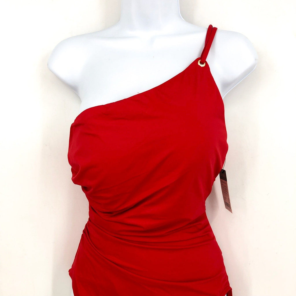 LAUREN RALPH LAUREN Double Strap One Piece Swimsuit Size 8 Red One Shoulder NWT