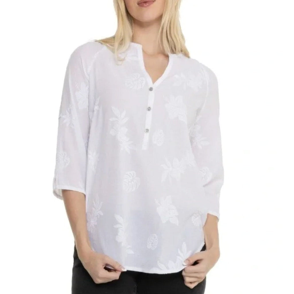 ROYAL ROBBINS Women's Oasis Tunic II Top Small White Embroidered 3/4 Sleeve NWT