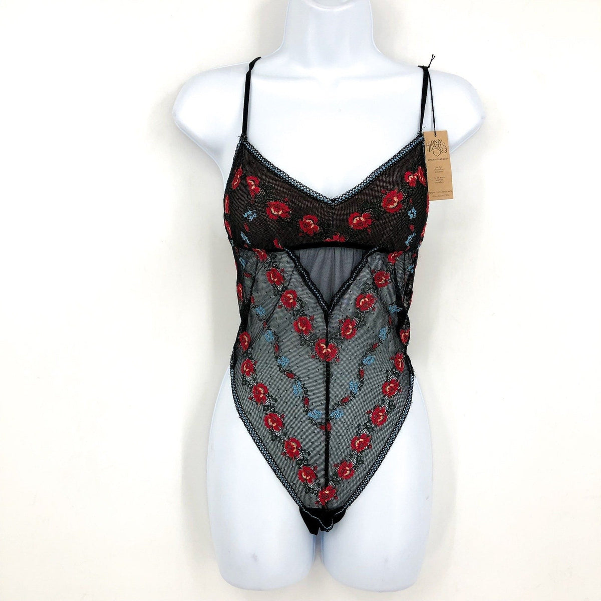 ONLY HEARTS Beatrix Chevron Bodysuit Small Black Embroidered Rose NWT