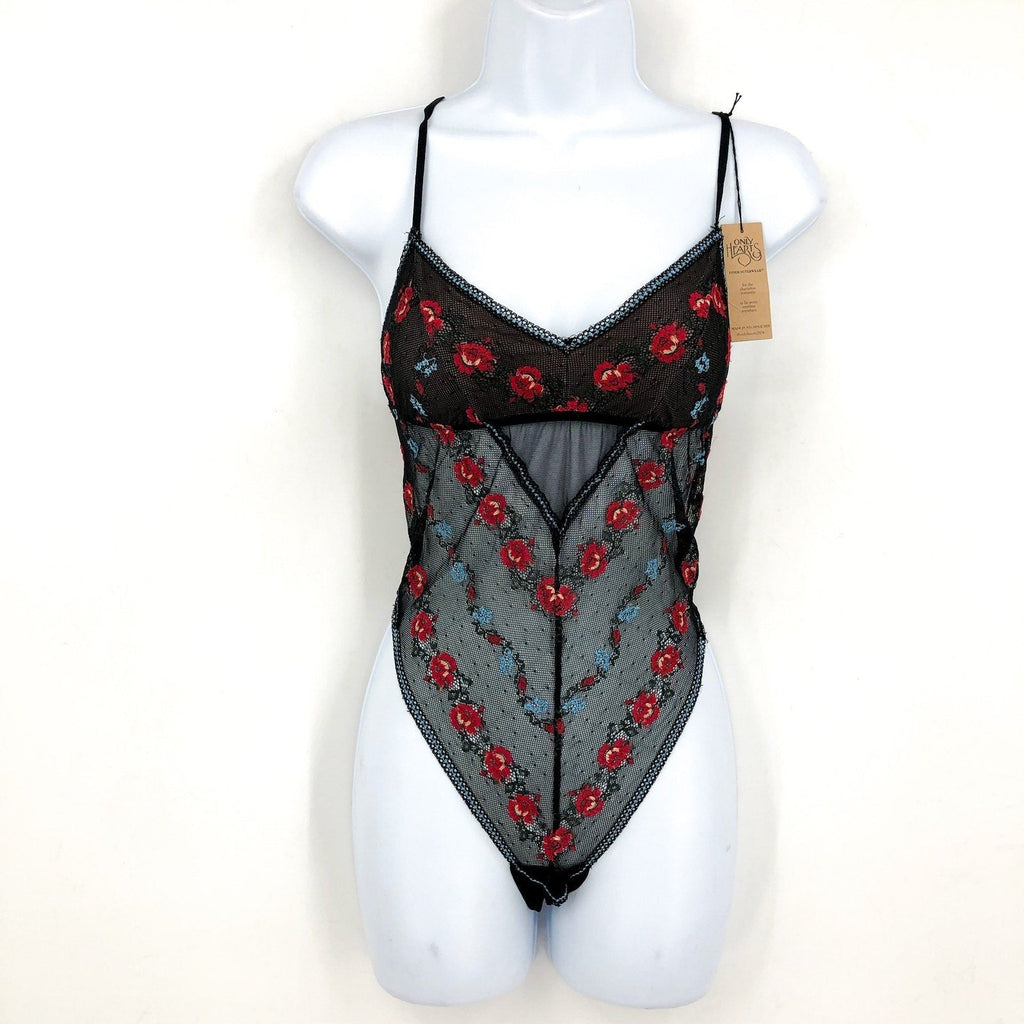 ONLY HEARTS Beatrix Chevron Bodysuit Small Black Embroidered Rose NWT