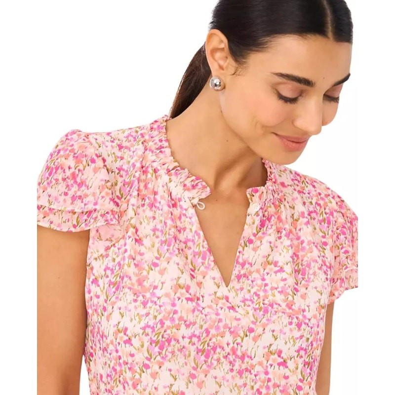 CECE Women's Ruffled Blouse XS Pink Floral Keyhole-Neck Flutter-Sleeve NWT