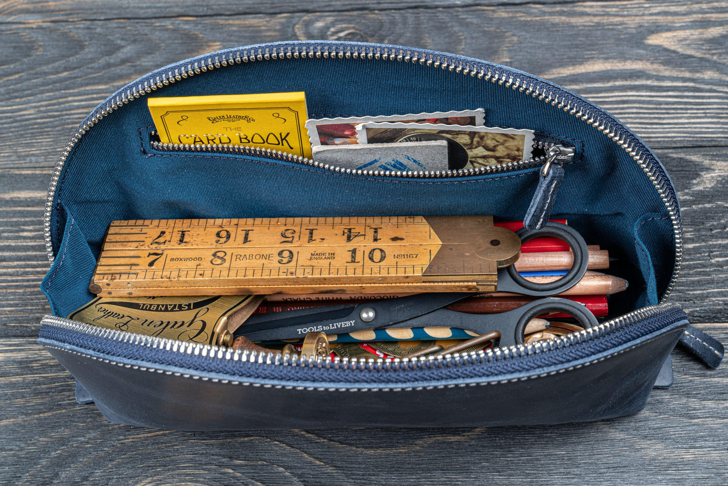 Leather Lunar Makeup / Toiletry Bag - Crazy Horse Navy Blue