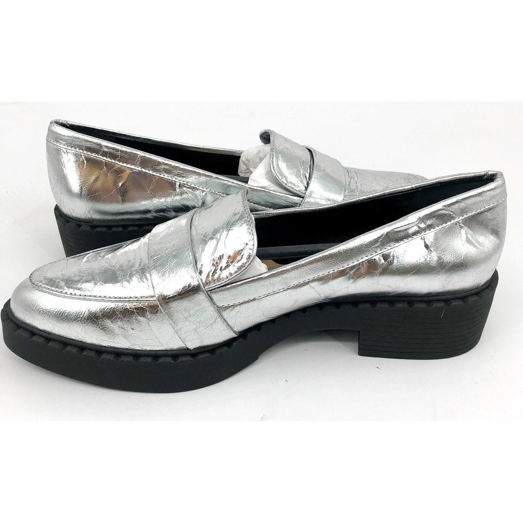 VINCE CAMUTO Womens Echika Loafer Size 8 M Silver Leather Chunky Block Heel NWOB