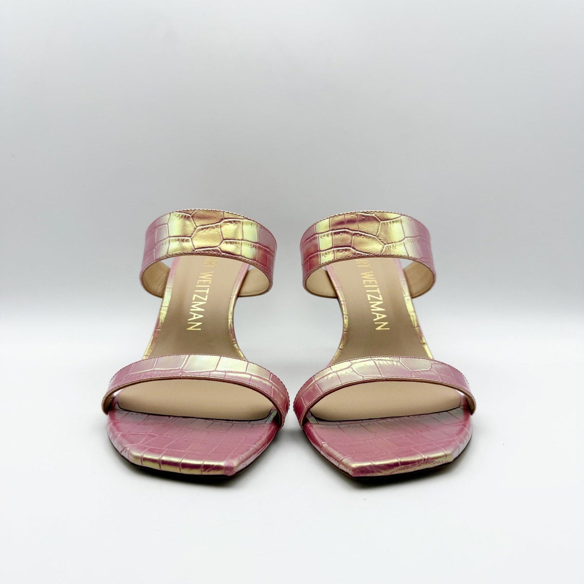 Stuart Weitzman Kristal Heeled Sandals Size 9 M Pink Iridescent Leather NIB