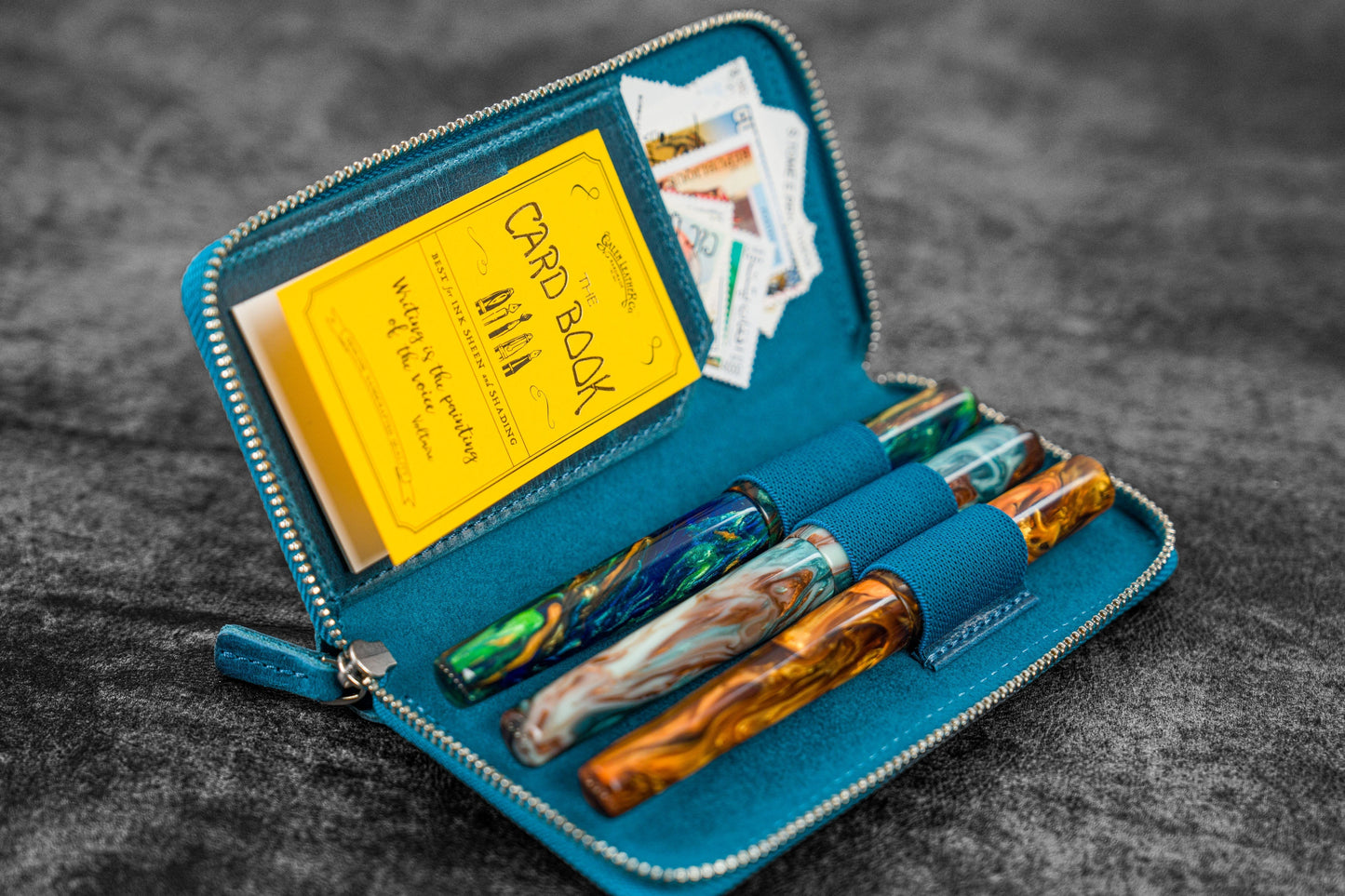 Leather Zippered 3 Slots Pen Case - C.H. Ocean Blue