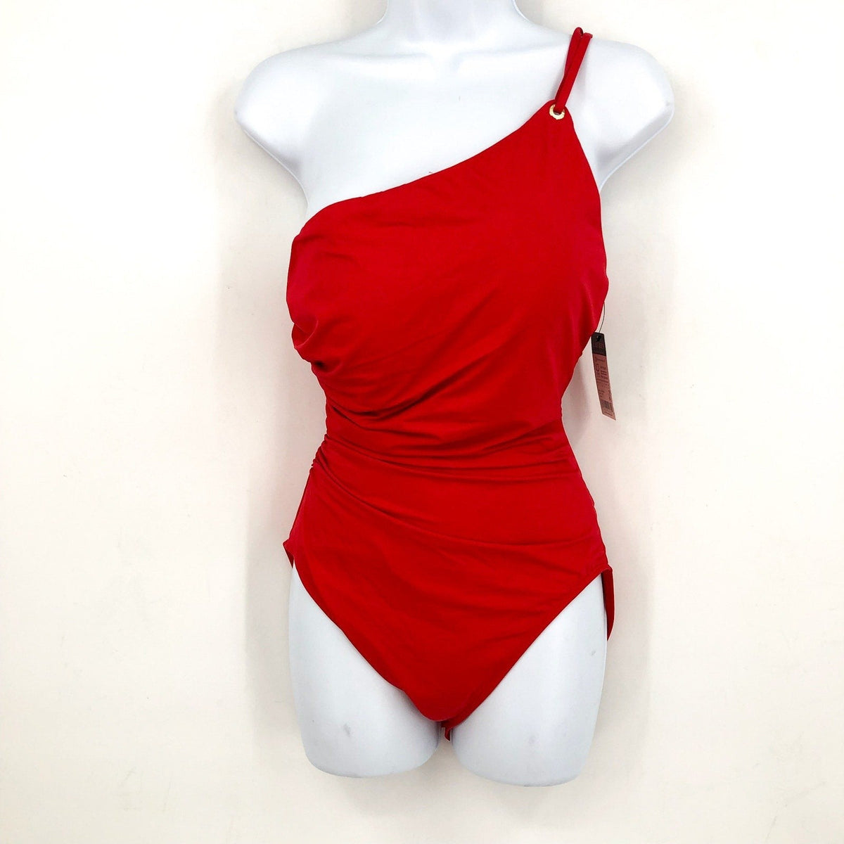 LAUREN RALPH LAUREN Double Strap One Piece Swimsuit Size 8 Red One Shoulder NWT