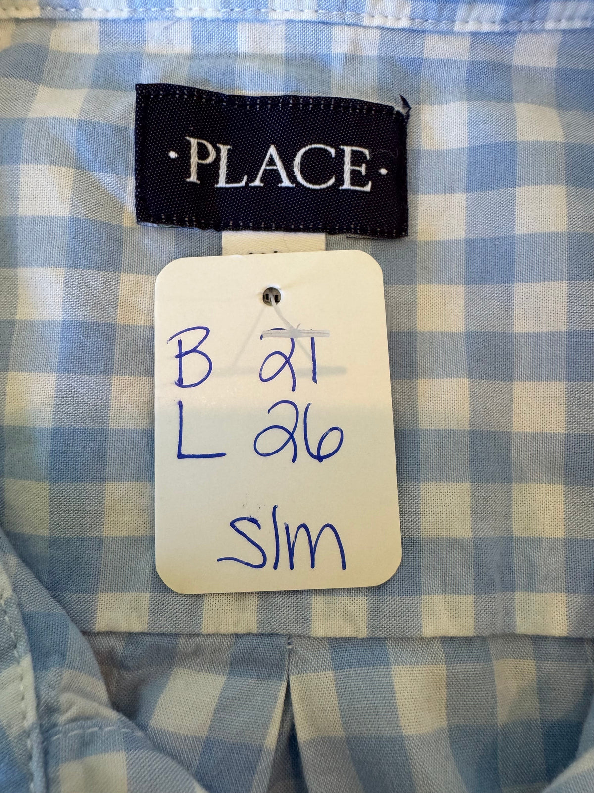 Blue and Yellow -Place blue gingham short gathered sleeve - small/medium