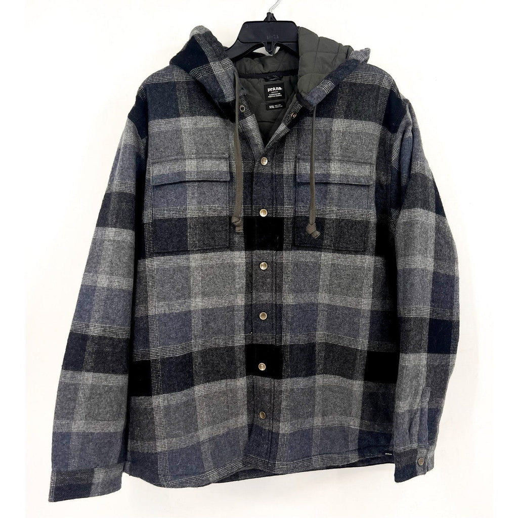 PRANA Men's Asgard Hooded Flannel Shirt Jacket XXL Gray Charcoal Plaid NWT