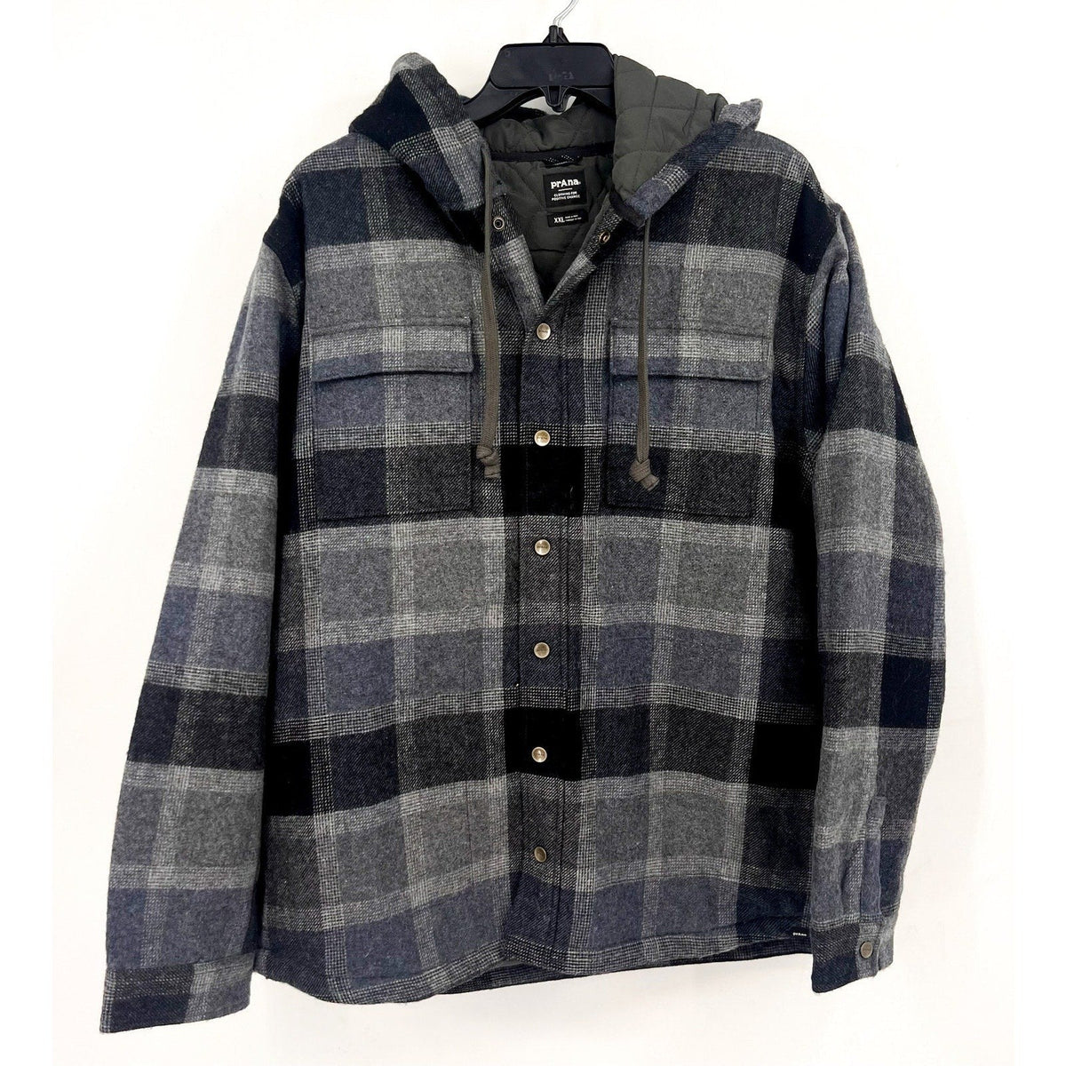PRANA Men's Asgard Hooded Flannel Shirt Jacket XXL Gray Charcoal Plaid NWT