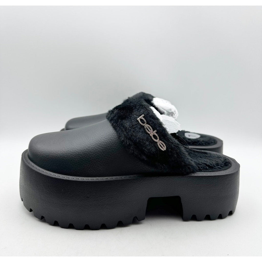 BEBE Women's Platform Slides Size 7 Black Faux Fur Collar Rhinestone Logo NWOB