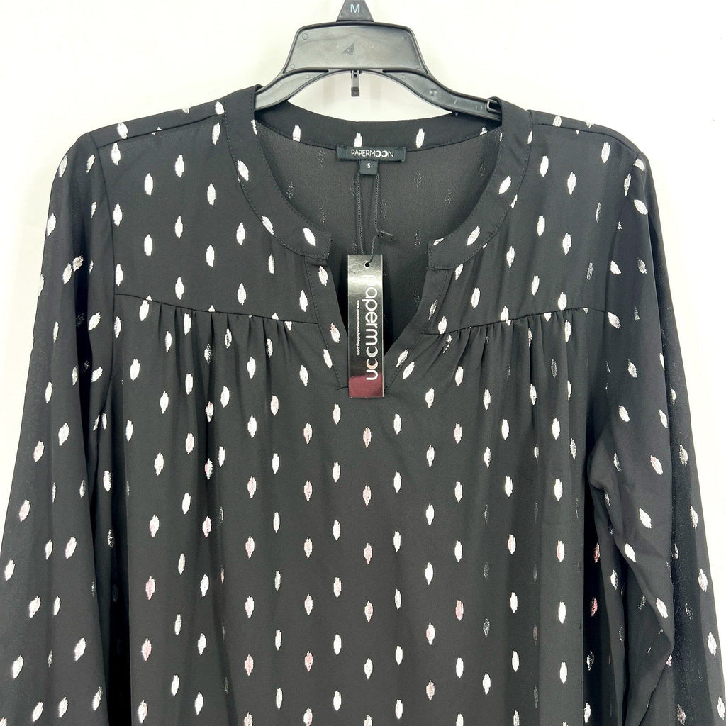 STITCH FIX - PAPERMOON Womens V Neck Blouse Small Black Silver Print NWT