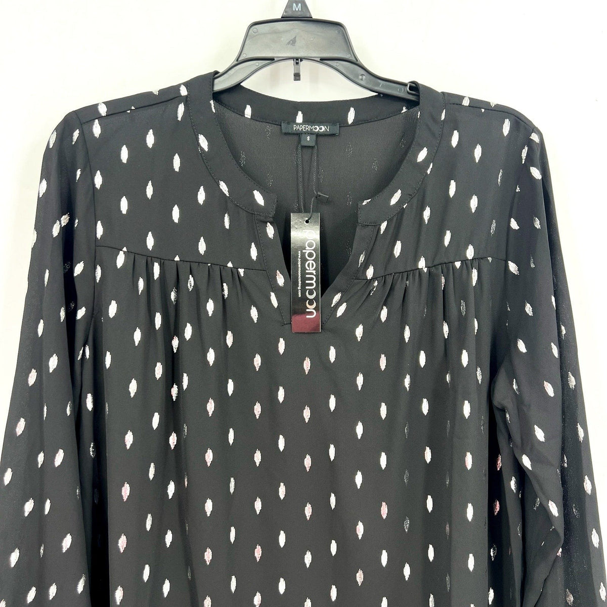 STITCH FIX - PAPERMOON Womens V Neck Blouse Small Black Silver Print NWT