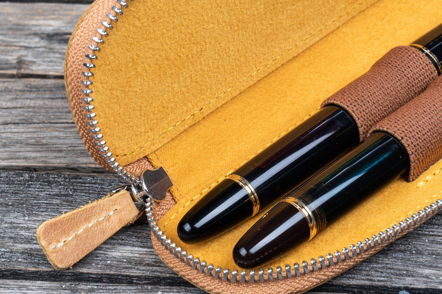 Leather Zippered Duo Slim Pen Case for 2 Pens - Crazy Horse Honey Ochre