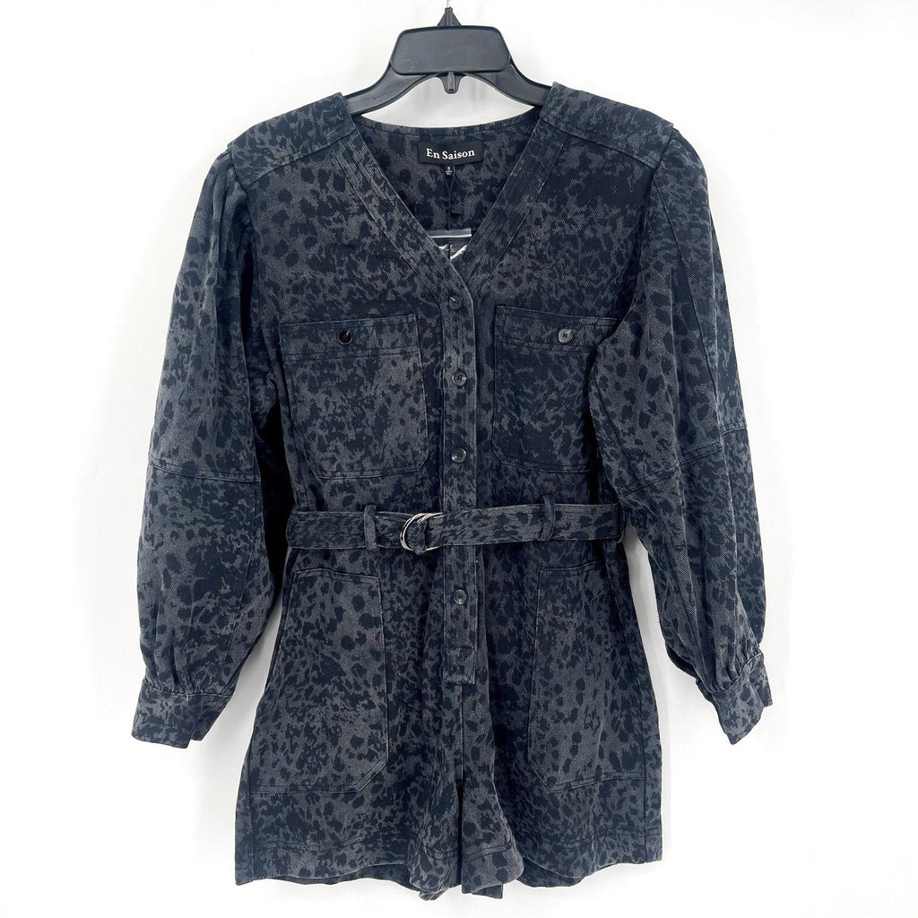EN SAISON Womens Harlow Denim Romper Small Grey Charcoal Animal Print Belted NWT