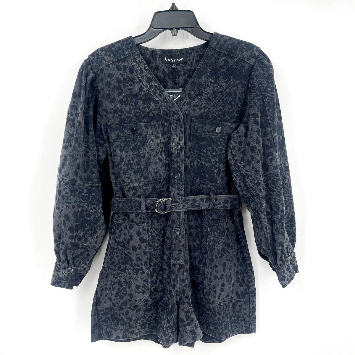 EN SAISON Womens Harlow Denim Romper Small Grey Charcoal Animal Print Belted NWT