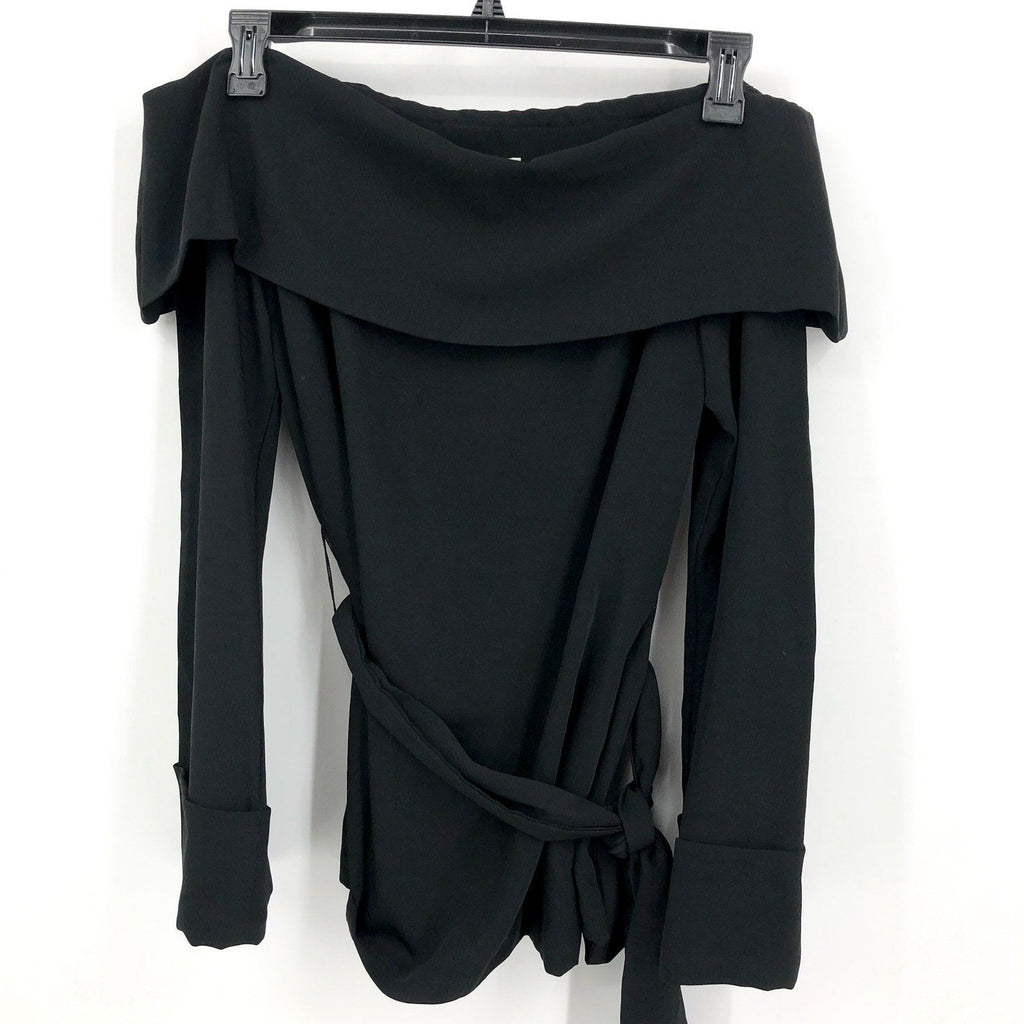 TRINA TURK Womens Lyndi Off-the-Shoulder Top Size 8 Black Long Sleeve Belted NWT