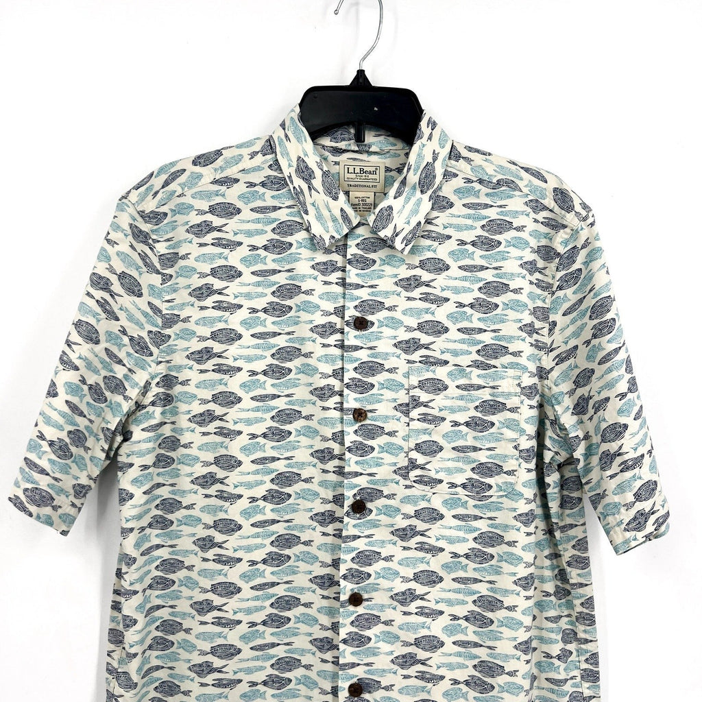 L.L. BEAN Mens Short-Sleeve Tropics Print Shirt Small White Blue Cotton NWT