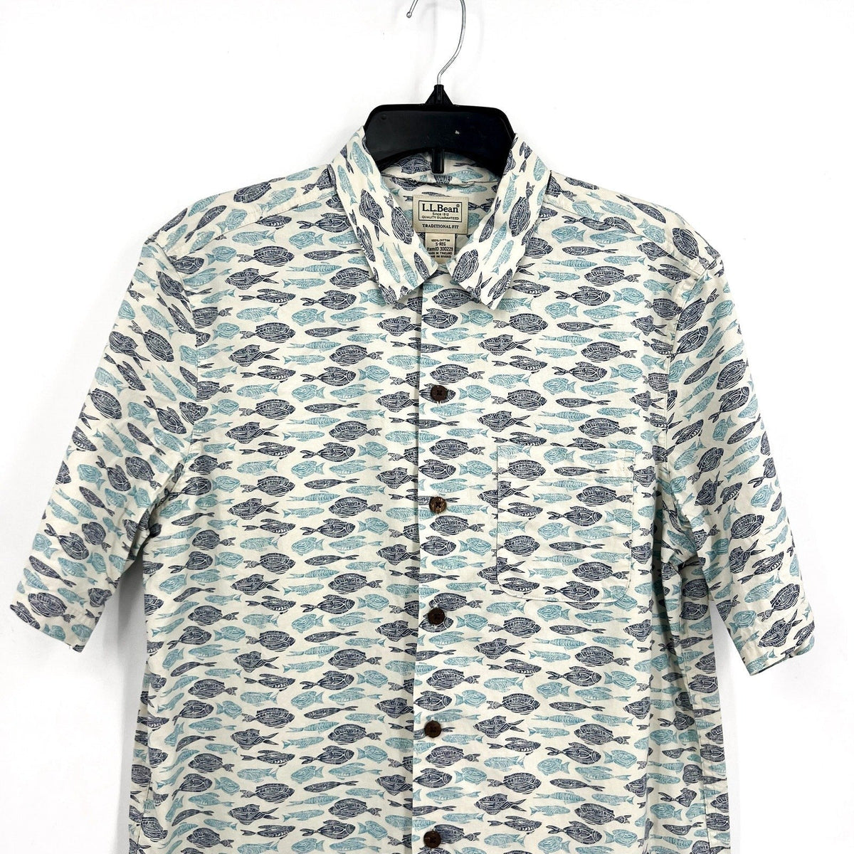 L.L. BEAN Mens Short-Sleeve Tropics Print Shirt Small White Blue Cotton NWT